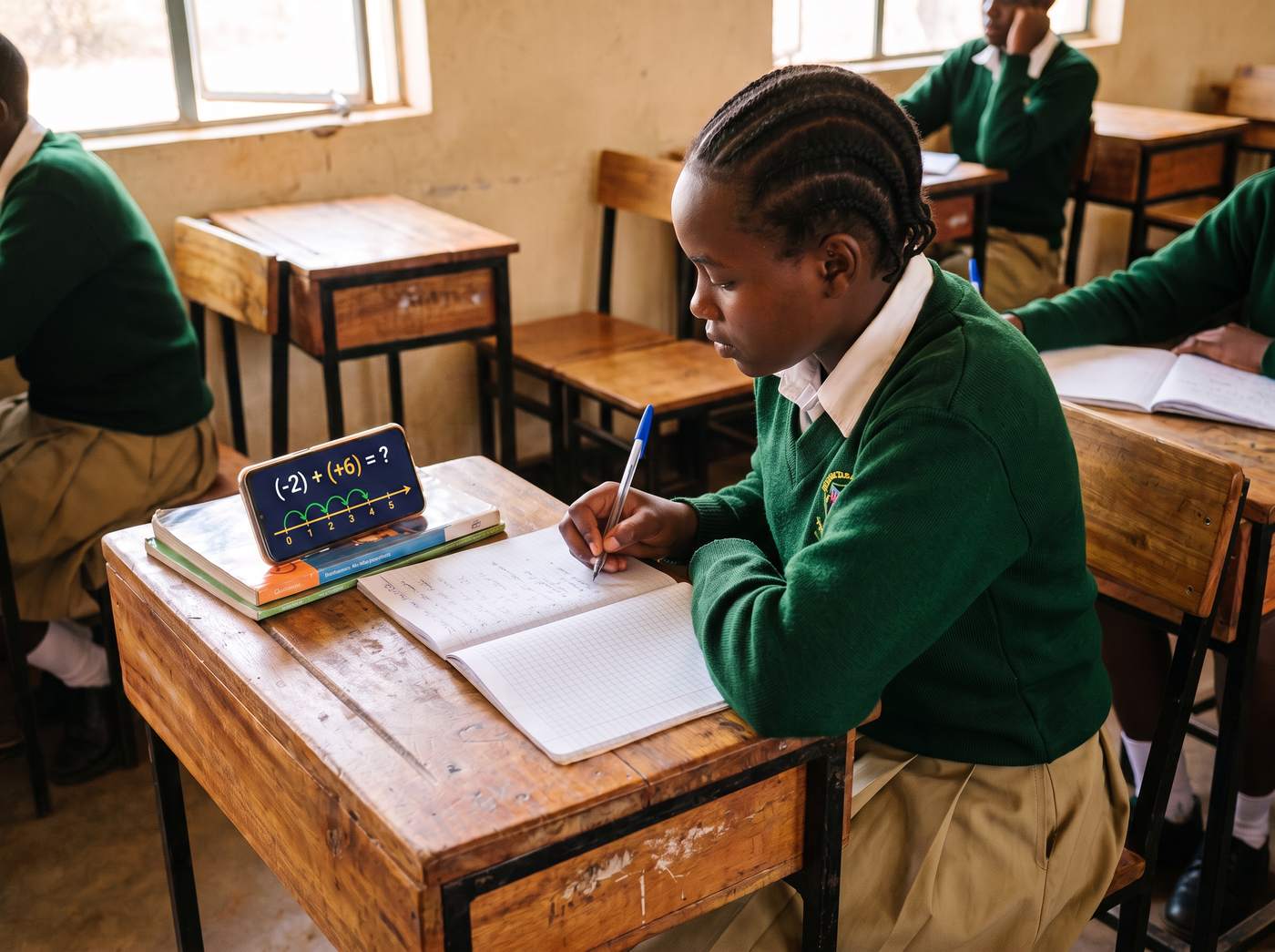 A Grade 8 learner copies a SchoolMate lesson from her phone into her exercise book.